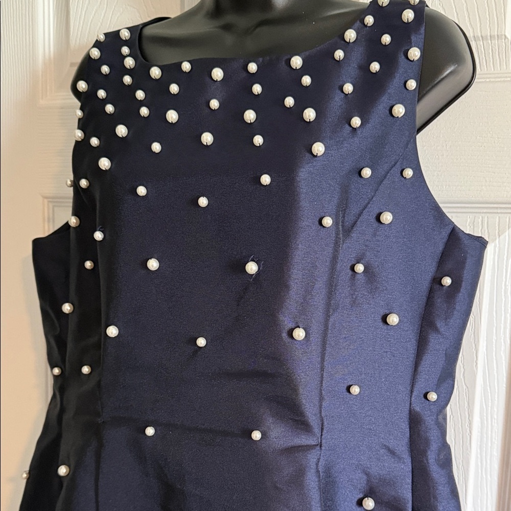 Tahari Navy Pearl-Accent Sleeveless Fit & Flare Dress - Picture 2 of 4